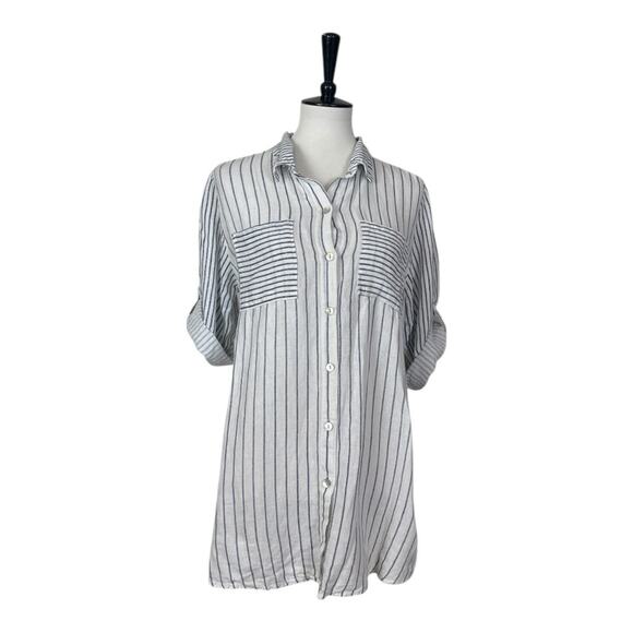 M 100% Linen Button Down Top Roll Tab Sleeves White Stripe Women’s Size Large - Picture 1 of 11